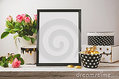 Poster mock up with glamour and elegant objects Stock Photo