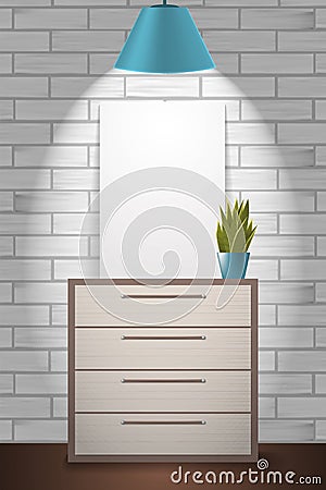 Poster mock up and green plant standing on commode. Vector Illustration