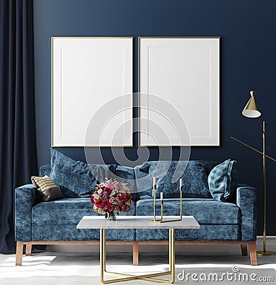 Poster mock up in hipster interior background, dark blue room with bouquet on table Stock Photo