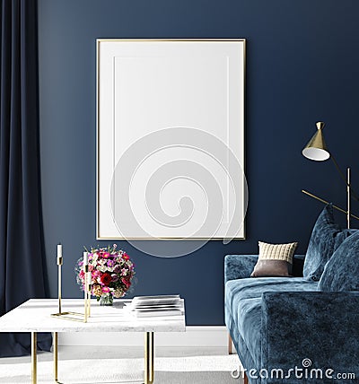 Poster mock up in hipster interior background, dark blue room with bouquet on table Stock Photo