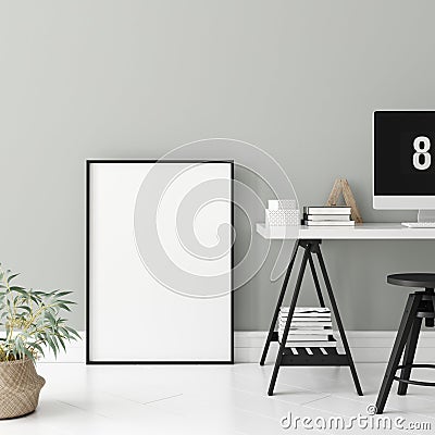 Poster mock up in home interior background, home office, Scandinavian style Stock Photo