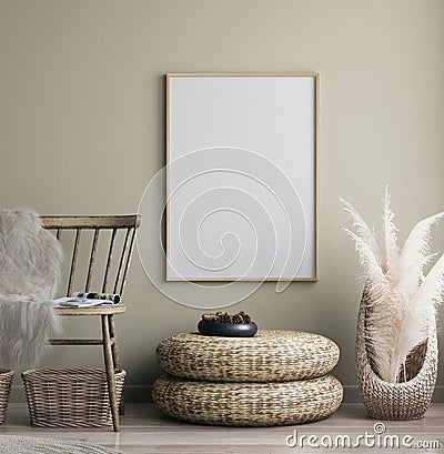 Poster mock up in home interior with old bench, Scandinavian bohemian style Stock Photo