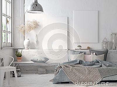 Poster mock up in rustic home interior, Scandinavian lifestyle concept Stock Photo
