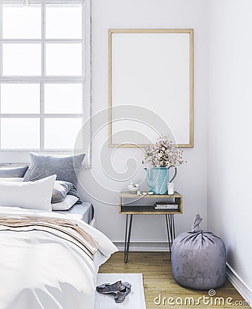 Poster mockup in bedroom. Empty frame in interior. Stock Photo