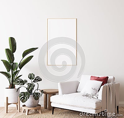 Poster mockup in bright modern room, white armchair and green plants on minimal background Stock Photo