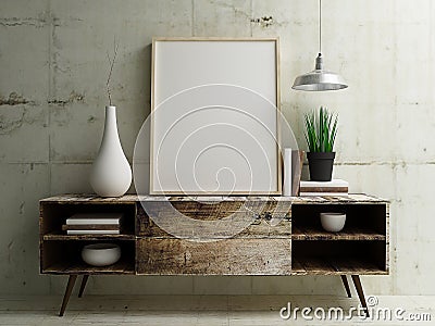 Poster Mockup display on vintage wood table Stock Photo