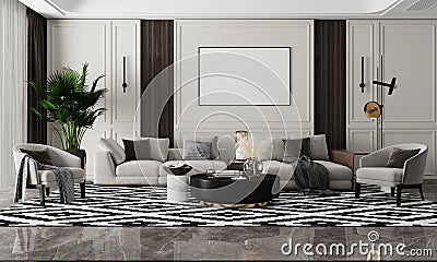 Poster mockup frame model in modern interior background calm color living room - 3d rendering Cartoon Illustration