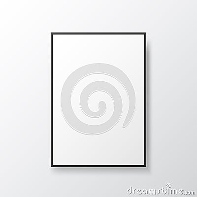 Poster mockup frame. White blank on light wall. Photo template with black frame. Isolated painting with soft shadow Vector Illustration