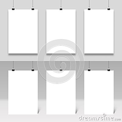 Poster mockup hanging on paperclips. Realistic posters frames template vector set. White paper boards with binders Vector Illustration