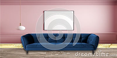 Poster mockup light blue sofa simple pink living room interior. Real photo. Vector Illustration