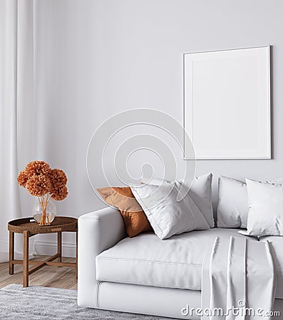 Poster mockup in a minimal living room design, empty frame on a white interior background Stock Photo