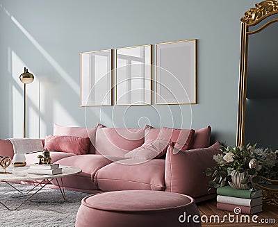 Poster mockup in modern living room with pink sofa and classic golden mirror on pastel interior background Stock Photo