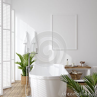 Poster mockup in white cozy bathroom interior background Stock Photo