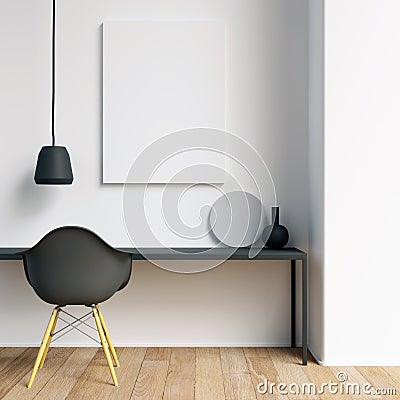Poster Mockup on White Wall with Interior Decorations Stock Photo