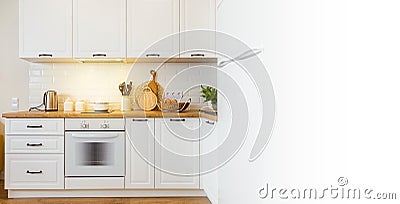 poster with modern, equipped white kitchen and copy paste space for design Stock Photo