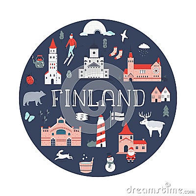 Poster in a modern flat style with famous symbols and landmarks of Finland Vector Illustration