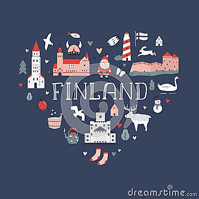 Poster in a modern flat style with famous symbols and landmarks of Finland Vector Illustration