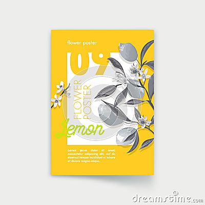 Poster with Monochrome Lemon Fruits, Flowers and Leaves on Branches. Farm Products Shop, Organic Natural Vector Illustration