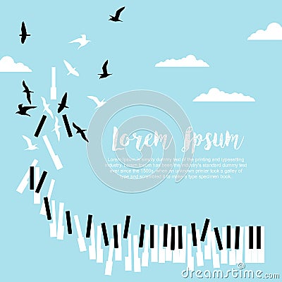 Poster for music festival or concert with piano keys and flying birds in blue sky with clouds and space for text Vector Illustration