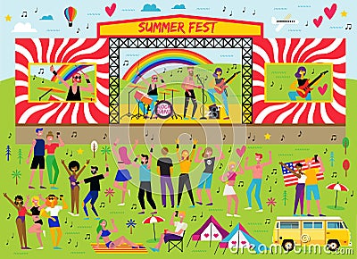 Poster for the music summer festival. Open-air live performance in the outdoor suburban landscape. Vector Illustration
