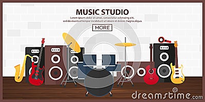 Poster with musical instruments. Music studio. Guitar. Flat design. Stock Photo