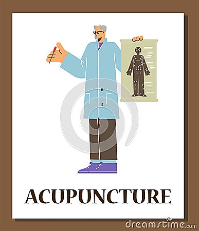 Poster about needle treatment and acupuncture, flat vector illustration Vector Illustration