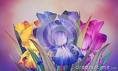 Poster with original artistic colorful fantasy violet iris Stock Photo