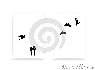 Birds on wire and flying birds silhouettes, vector. Scandinavian minimalism poster design. Birds illustration isolated on white Vector Illustration