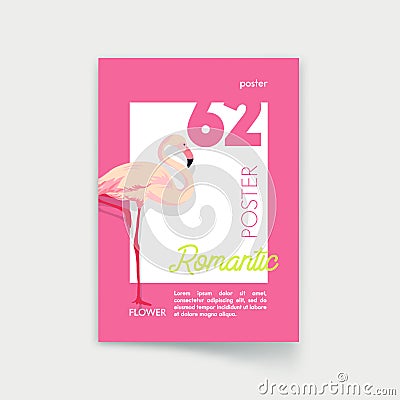 Poster with Pink Flamingo. Romantic Party Invitation Template, Hello Summer, Sale Promotional Banner Vector Illustration