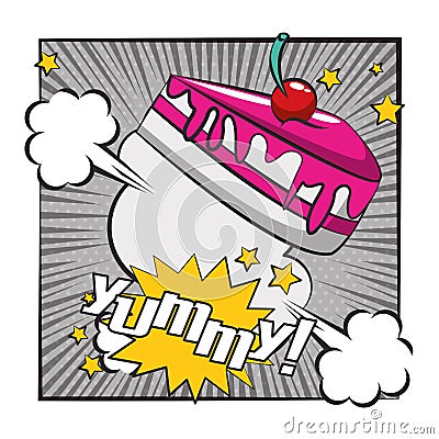 Poster pop art style with sweet cake portion Vector Illustration