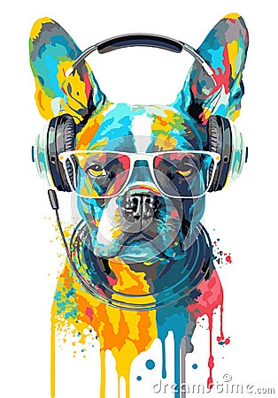 Poster with portrait of a French bulldog wearing headphones on white background. Cartoon Illustration