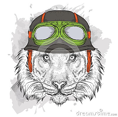 The poster with the portrait of the tiger wearing the motorcycle helmet. Vector illustration. Vector Illustration