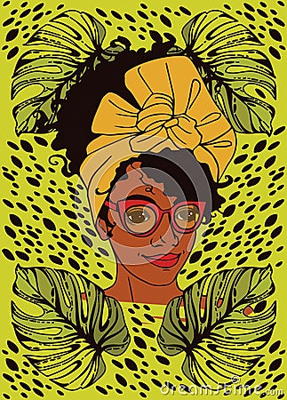 Poster with portrait of trendy african american woman, monstera leaves and strokes Vector Illustration