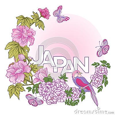 Poster or postcard with pink Japanese peony and wild rose Vector Illustration