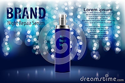Poster for the promotion of cosmetic moisturizing product. Shiny blue night repair serum bottle on a dark background Vector Illustration