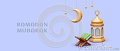 Poster with Quran on wooden stage, golden lantern, and moon Vector Illustration