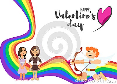 Poster with a rainbow for lovers day with women and cupid Stock Photo