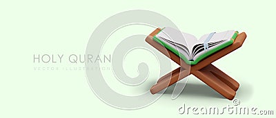 Poster with realistic Quran on special wooden stand. Religion open book on green background Vector Illustration