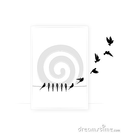 Birds on wire and flying birds silhouettes, vector. Scandinavian minimalism art design. Birds illustration isolated Vector Illustration