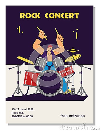 Poster of rock concert with playing drummer character flat style Vector Illustration