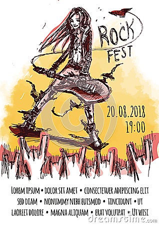 The poster for the rock festival of heavy music . A man with long hair playing the guitar. Vector Illustration