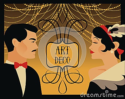 Poster for 20s style or gatsby party with retro lady and gentleman Vector Illustration