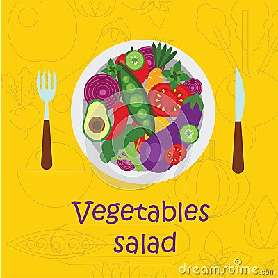 Poster salad mix pour into a bowl Vector Illustration