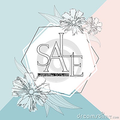 Poster Sale best offer 50% off on an elegant spring background with flowers Luxury card poster for sale promotions discounts Vector Illustration