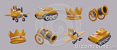 Poster with set of cartoon character on airplane, tank, ancient cannon and gold crown Vector Illustration