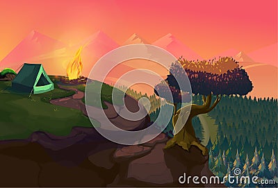 Poster showing campsite with campfire. Vector design. night camp. Vector Illustration