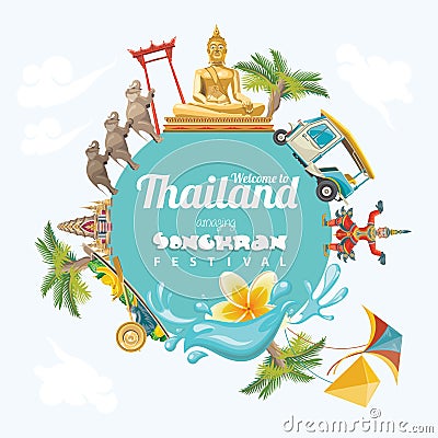 Poster of Songkran Festival in Thailand. Thai holidays. Vector Illustration