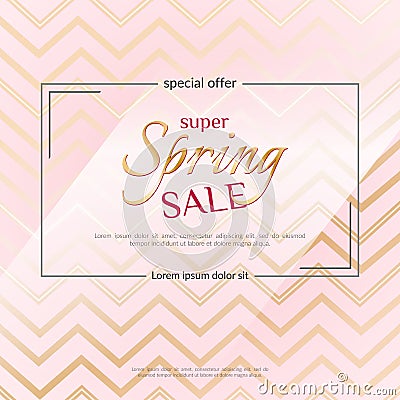 Poster Spring Sale on an elegant pink zigzag background Luxury golden card poster for advertising sale promotions discounts Vector Illustration