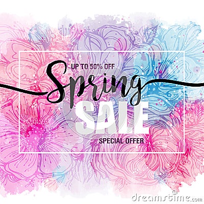 Poster Spring sales on a floral watercolor background. Card, label, flyer, banner design element. Vector illustration Vector Illustration