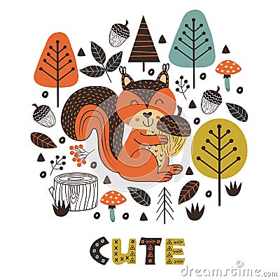 Poster squirrel in forest Scandinavian style Vector Illustration